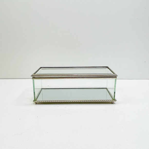 Trinket Jewelry Box Glass Silver Edge Mirror Bottom - Picture 1 of 9